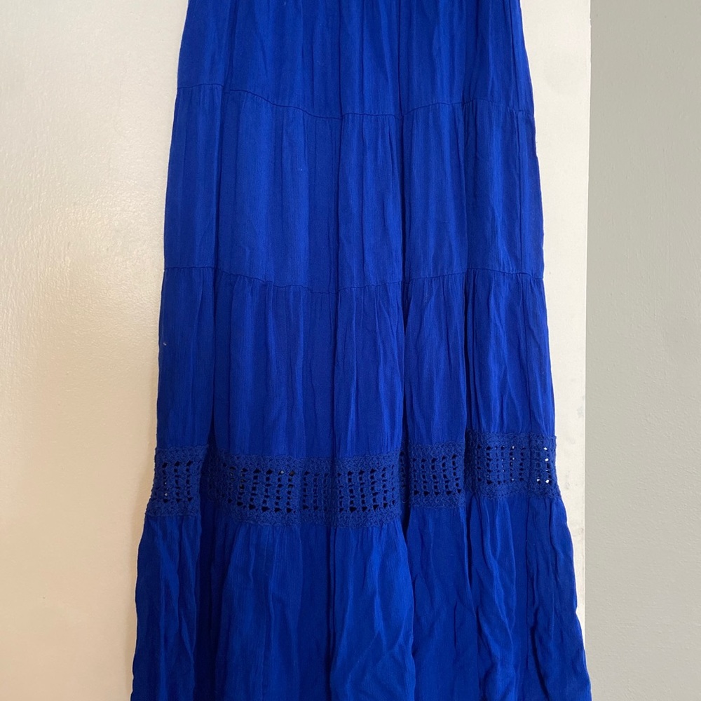 Chico’s Electric Blue Casey Crochet Inset Tiered Boho Maxi Skirt